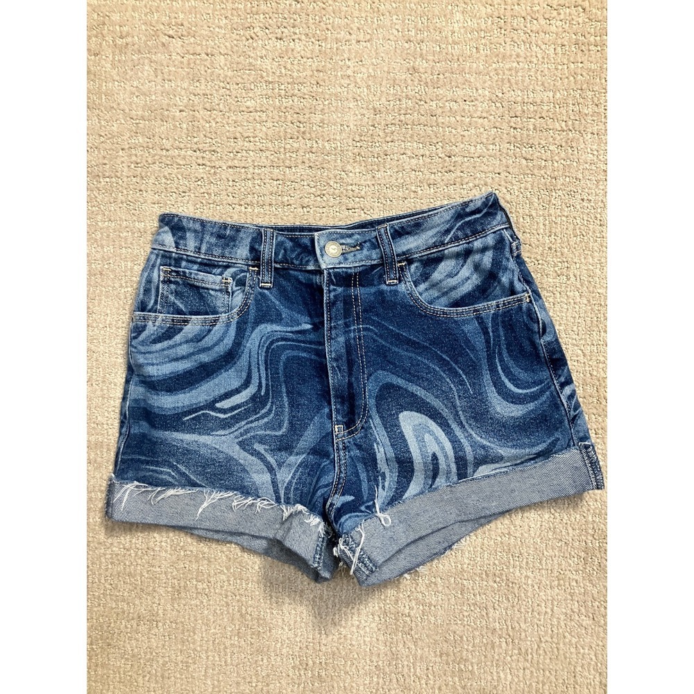 Hollister Ultra High Rise Mom Shorts W27 Blue Swirl Denim Distressed Hem Cuffed